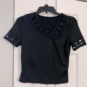 Essnce Women Lace Square Neck Asymmetrical Hem Black Top